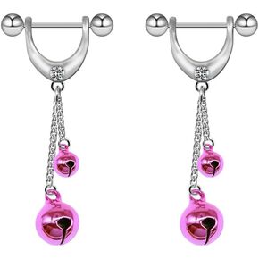 Kokoma 14G Dangle Jingle Bell Nipple Rings for Women CZ Red Pink Jingle Bells Christmas Nipplerings Long Tassel Chain Dangling Drop Hoop Earrings Barbell Bar Piercing Body Jewelry