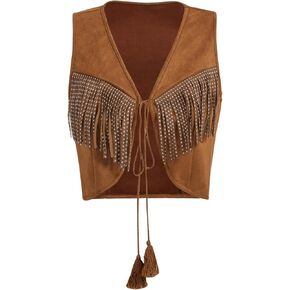 GORGLITTER Women's Fringe Tie Front Vest Tops Sleeveless Faux Suede 70S Hippie Jacket
