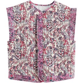 سترة نسائية منتفخة مبطنة بالزهور من Wyeysyt مطبوعة خفيفة الوزن بدون أكمام مبطنة ملابس خارجية (05Purple-L)، مقاس كبير in Kuwait