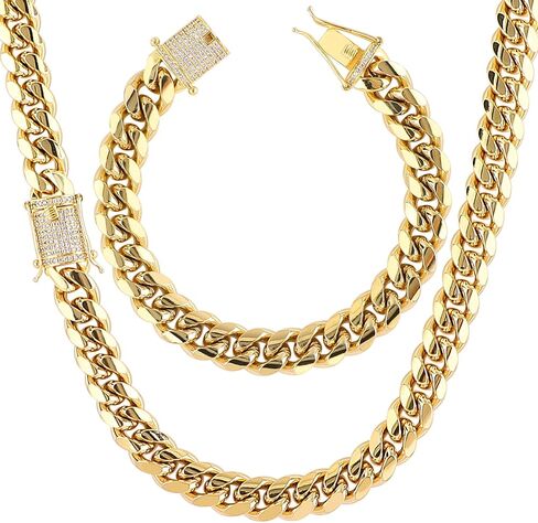 putouzip Miami Cuban Link Chain Set For Men 18K Gold Plated Stainless Steel 10/12mm Curb Bracelet Necklace Diamond Chains in Saudi Arabia