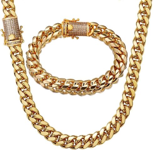 putouzip Miami Cuban Link Chain Set For Men 18K Gold Plated Stainless Steel 10/12mm Curb Bracelet Necklace Diamond Chains in Saudi Arabia