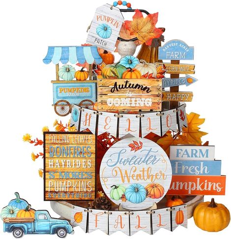 Bucherry 22 Pcs Thanksgiving Tiered Tray Decoration Fall Thanksgiving Decoration Farmhouse Rustic Wooden Sign Pumpkin Truck Blocks Autumn Wooden Sign for Fall Home Table Harvest Decor in Kuwait