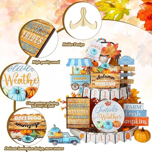 Bucherry 22 Pcs Thanksgiving Tiered Tray Decoration Fall Thanksgiving Decoration Farmhouse Rustic Wooden Sign Pumpkin Truck Blocks Autumn Wooden Sign for Fall Home Table Harvest Decor in Kuwait