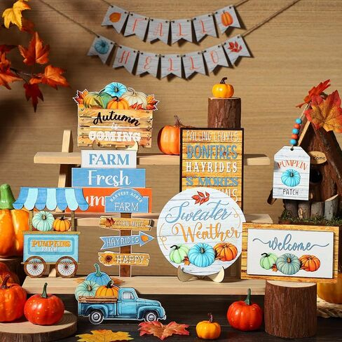 Bucherry 22 Pcs Thanksgiving Tiered Tray Decoration Fall Thanksgiving Decoration Farmhouse Rustic Wooden Sign Pumpkin Truck Blocks Autumn Wooden Sign for Fall Home Table Harvest Decor in Kuwait