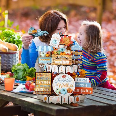 Bucherry 22 Pcs Thanksgiving Tiered Tray Decoration Fall Thanksgiving Decoration Farmhouse Rustic Wooden Sign Pumpkin Truck Blocks Autumn Wooden Sign for Fall Home Table Harvest Decor in Kuwait