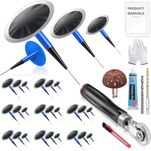 Tire Repair Patch Tool Kit Includes 24PCS Tire Patch Plugs(1.42"&1.81"&2.36"),Vulcanizing Glue,Tire Patch Roller,Tungsten Buffing Wheel and Twist Drill Bits,Tire Patch Kit for Vehicles in Saudi Arabia