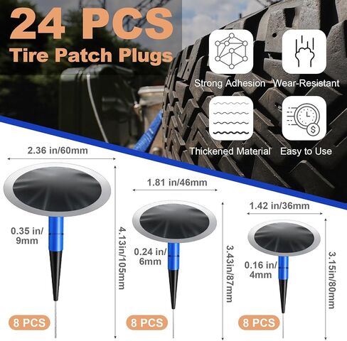 Tire Repair Patch Tool Kit Includes 24PCS Tire Patch Plugs(1.42"&1.81"&2.36"),Vulcanizing Glue,Tire Patch Roller,Tungsten Buffing Wheel and Twist Drill Bits,Tire Patch Kit for Vehicles in Saudi Arabia