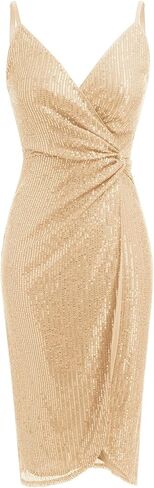 IDOPIP Women V Neck Sequins Ruched Bodycon Dress Formal Evening Party Sparkle Gown Sexy Wrap Cocktail Homecoming Midi Dress in Kuwait