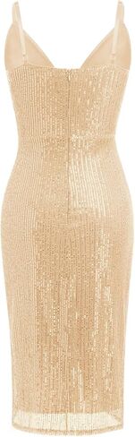 IDOPIP Women V Neck Sequins Ruched Bodycon Dress Formal Evening Party Sparkle Gown Sexy Wrap Cocktail Homecoming Midi Dress in Kuwait