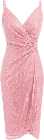 IDOPIP Women V Neck Sequins Ruched Bodycon Dress Formal Evening Party Sparkle Gown Sexy Wrap Cocktail Homecoming Midi Dress in Kuwait
