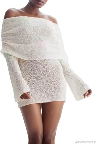 Voghtic Women's Sexy Off Shoulder Knit Crochet Mesh Mini Bodycon Dress Ruched Elegant Sweater Cocktail Party Dresses in Saudi Arabia