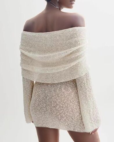 Voghtic Women's Sexy Off Shoulder Knit Crochet Mesh Mini Bodycon Dress Ruched Elegant Sweater Cocktail Party Dresses in Saudi Arabia
