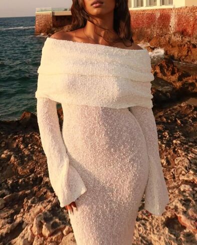 Voghtic Women's Sexy Off Shoulder Knit Crochet Mesh Mini Bodycon Dress Ruched Elegant Sweater Cocktail Party Dresses in Saudi Arabia