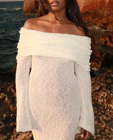 Voghtic Women's Sexy Off Shoulder Knit Crochet Mesh Mini Bodycon Dress Ruched Elegant Sweater Cocktail Party Dresses in Saudi Arabia