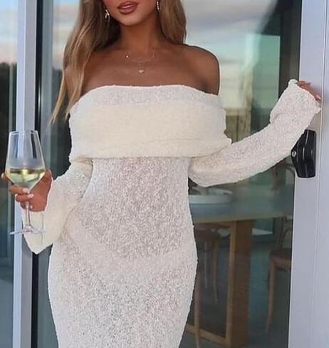 Voghtic Women's Sexy Off Shoulder Knit Crochet Mesh Mini Bodycon Dress Ruched Elegant Sweater Cocktail Party Dresses in Saudi Arabia