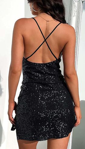 Tsher Women's Sexy Sleeveless One Shoulder Elastic Corset Sequin Sparkly Party Mini Dress in Saudi Arabia