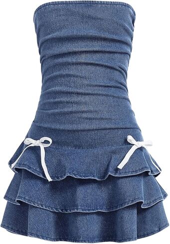 Floerns Girl's Ruched Strapless Tube Top Bowknot Denim Dress Cute Tiered Dress in Saudi Arabia