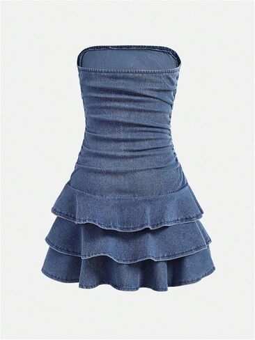 Floerns Girl's Ruched Strapless Tube Top Bowknot Denim Dress Cute Tiered Dress in Saudi Arabia
