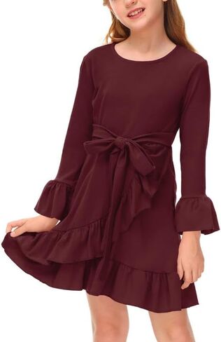 BesserBay Girls Ruffle Trim Bell Sleeve Tie Waist Fall Midi Fall Dress 4-14 Years in Saudi Arabia
