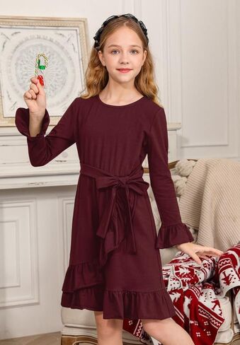BesserBay Girls Ruffle Trim Bell Sleeve Tie Waist Fall Midi Fall Dress 4-14 Years in Saudi Arabia