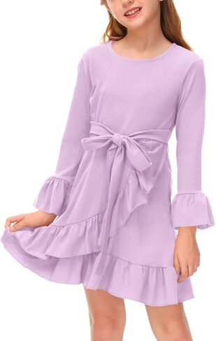 BesserBay Girls Ruffle Trim Bell Sleeve Tie Waist Fall Midi Fall Dress 4-14 Years in Saudi Arabia