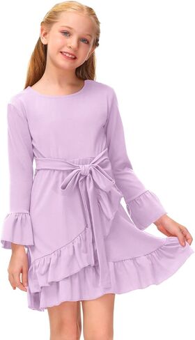 BesserBay Girls Ruffle Trim Bell Sleeve Tie Waist Fall Midi Fall Dress 4-14 Years in Saudi Arabia