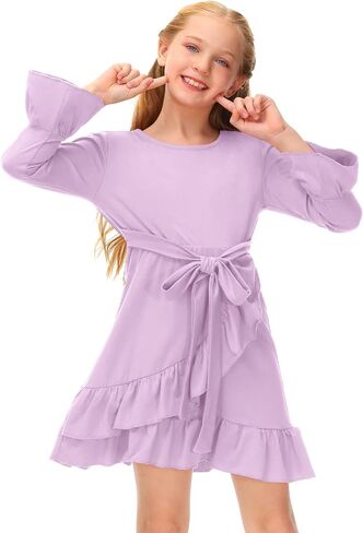 BesserBay Girls Ruffle Trim Bell Sleeve Tie Waist Fall Midi Fall Dress 4-14 Years in Saudi Arabia