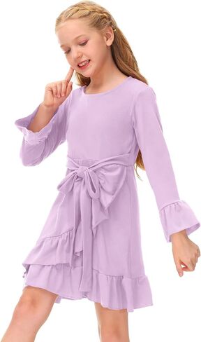 BesserBay Girls Ruffle Trim Bell Sleeve Tie Waist Fall Midi Fall Dress 4-14 Years in Saudi Arabia