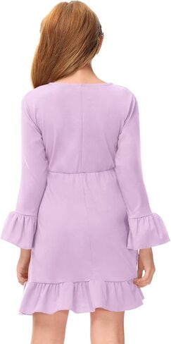 BesserBay Girls Ruffle Trim Bell Sleeve Tie Waist Fall Midi Fall Dress 4-14 Years in Saudi Arabia