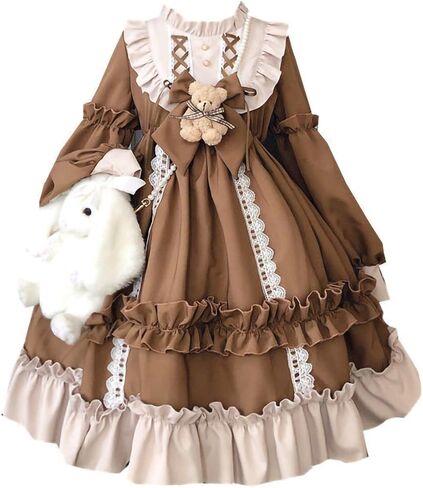 Girls Lolita Princess Dress Kawaii Long Sleeve Chiffon Skirt Cute Girl Dress Brown in Saudi Arabia