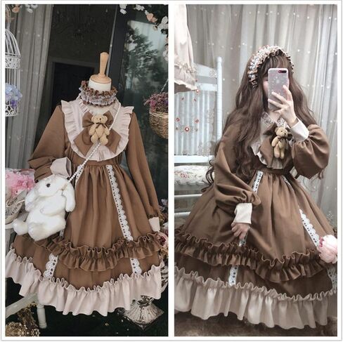 Girls Lolita Princess Dress Kawaii Long Sleeve Chiffon Skirt Cute Girl Dress Brown in Saudi Arabia