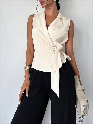 GORGLITTER Women's Sleeveless Blazers Ruched Tie Side Lapel Cardigan Jacket in Saudi Arabia