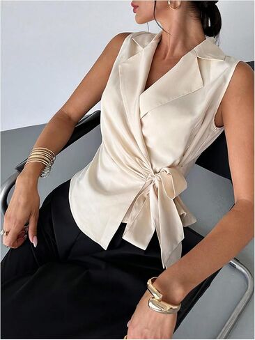 GORGLITTER Women's Sleeveless Blazers Ruched Tie Side Lapel Cardigan Jacket in Saudi Arabia