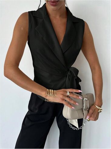 GORGLITTER Women's Sleeveless Blazers Ruched Tie Side Lapel Cardigan Jacket in Saudi Arabia