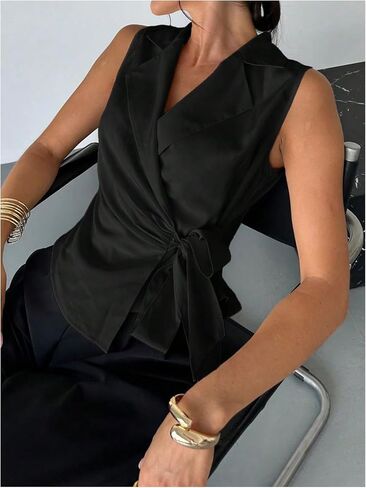 GORGLITTER Women's Sleeveless Blazers Ruched Tie Side Lapel Cardigan Jacket in Saudi Arabia