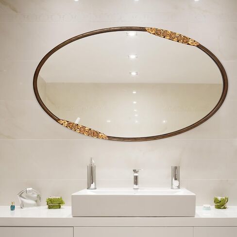 Oval Oak Solid Wood Mirror, 39x23 Inch, Green Frame, Large Wall Mounted Wooden Makeup Mirror for Bathroom, Bedroom, Living Room(Green, 39" x 23") in Kuwait