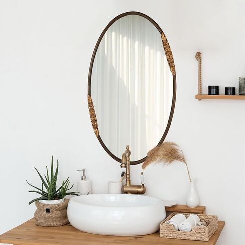 Oval Oak Solid Wood Mirror, 39x23 Inch, Green Frame, Large Wall Mounted Wooden Makeup Mirror for Bathroom, Bedroom, Living Room(Green, 39" x 23") in Kuwait
