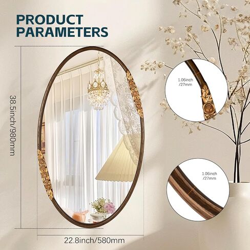 Oval Oak Solid Wood Mirror, 39x23 Inch, Green Frame, Large Wall Mounted Wooden Makeup Mirror for Bathroom, Bedroom, Living Room(Green, 39" x 23") in Kuwait