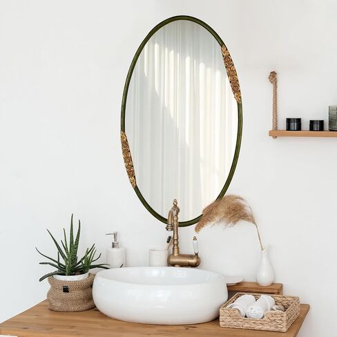 Oval Oak Solid Wood Mirror, 39x23 Inch, Green Frame, Large Wall Mounted Wooden Makeup Mirror for Bathroom, Bedroom, Living Room(Green, 39" x 23") in Kuwait