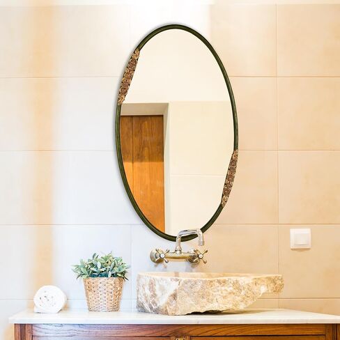 Oval Oak Solid Wood Mirror, 39x23 Inch, Green Frame, Large Wall Mounted Wooden Makeup Mirror for Bathroom, Bedroom, Living Room(Green, 39" x 23") in Kuwait