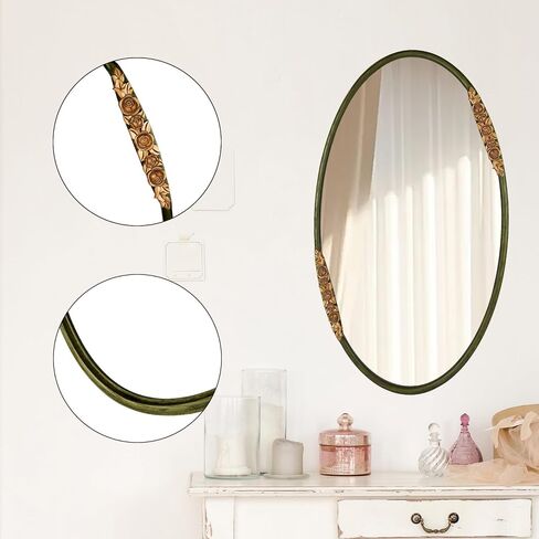 Oval Oak Solid Wood Mirror, 39x23 Inch, Green Frame, Large Wall Mounted Wooden Makeup Mirror for Bathroom, Bedroom, Living Room(Green, 39" x 23") in Kuwait