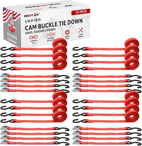 BoxerTool Cam Buckle Tie Down Straps 16 Pack - Lashing Straps Cargo Tie Down Strap 1" x 10' Ratchet Tie Down Straps Coated S-Hooks 1,000lbs Capacity Securing Straps in Kuwait