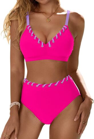 Blooming Jelly Women High Waisted Bikini Sets Color Block Two Piece Swimsuits Push Up V Neck High Cut Bathing Suit in Saudi Arabia