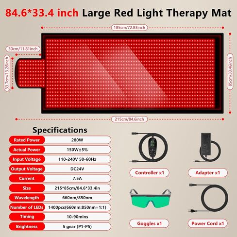 Red Light Therapy for Body, 2024 Upgrade 84.6" x 33.4" Extra Large Size Red Light Therapy Mat Pad Near Infrared 660nm 850nm, 1400 LEDs Red Infrared Light Device Mat with 3 Red Light Modes and Timer in Saudi Arabia