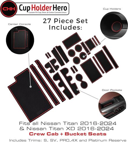 CupHolderHero fits Nissan Titan Accessories 2016-2024 Premium Custom Interior Non-Slip Anti Dust Cup Holder Inserts, Center Console Liner Mats, Door Pocket Liners 38pc Set (Bucket SuperCrew)(Red Trim) in Kuwait