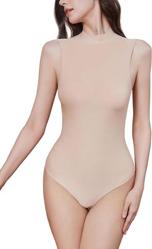 Luna & Sun Women Mock Turtle Neck Sexy Bodysuits Sleeveless Tank Top Jumpsuit Leotard Double Lined Shapewear in Saudi Arabia