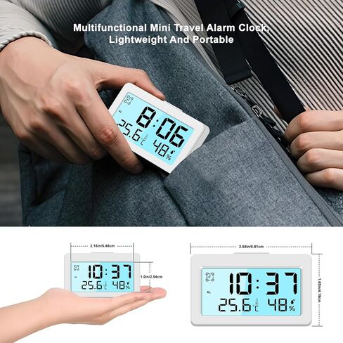 Small Digital Travel Alarm Clock, Mini Desk Clock, Backlight, Powerful Volume, Battery Operated, Temperature Humidity Display, LCD, Easy to Use, Portable (1, White) in Saudi Arabia