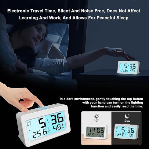 Small Digital Travel Alarm Clock, Mini Desk Clock, Backlight, Powerful Volume, Battery Operated, Temperature Humidity Display, LCD, Easy to Use, Portable (1, White) in Saudi Arabia