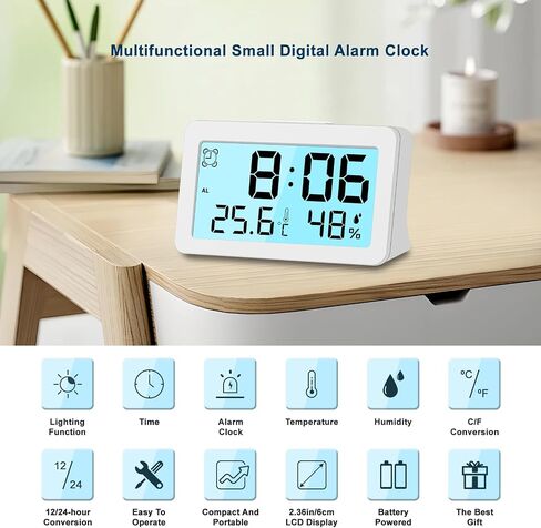 Small Digital Travel Alarm Clock, Mini Desk Clock, Backlight, Powerful Volume, Battery Operated, Temperature Humidity Display, LCD, Easy to Use, Portable (1, White) in Saudi Arabia