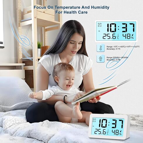 Small Digital Travel Alarm Clock, Mini Desk Clock, Backlight, Powerful Volume, Battery Operated, Temperature Humidity Display, LCD, Easy to Use, Portable (1, White) in Saudi Arabia